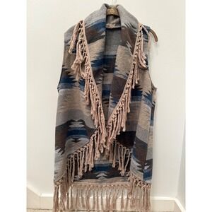 Entro Southwestern Tribal Fringe Aztec Open Front Vest Cardigan Women's L